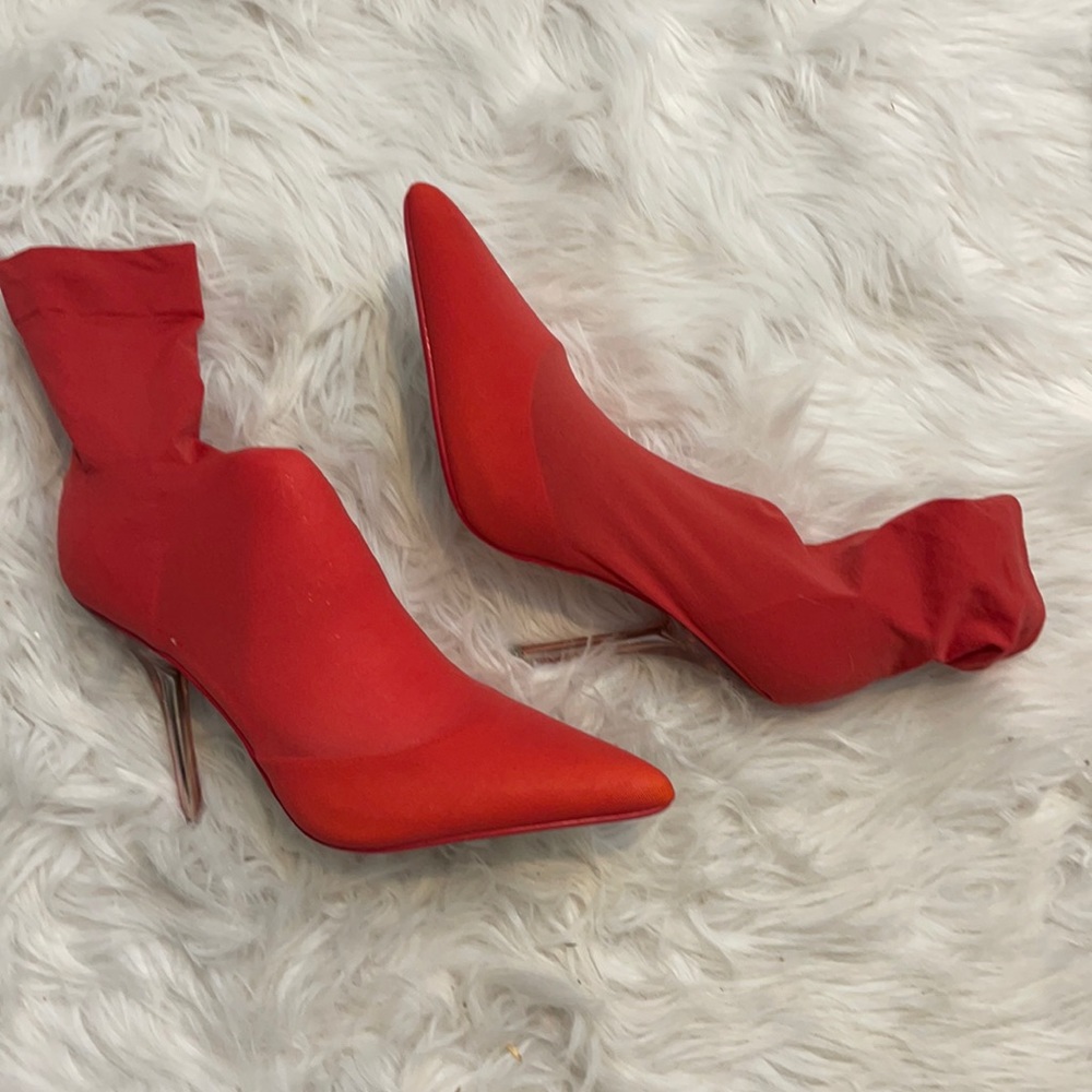 Red pointed toe sock boot